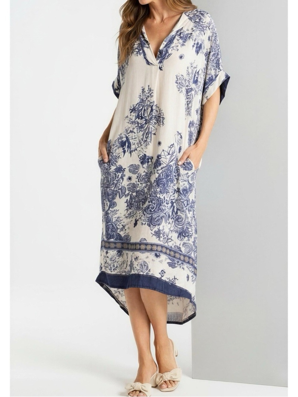 JAKI LONDON Ottilie Silk-Blend Kaftan Dress, Navy, S/M